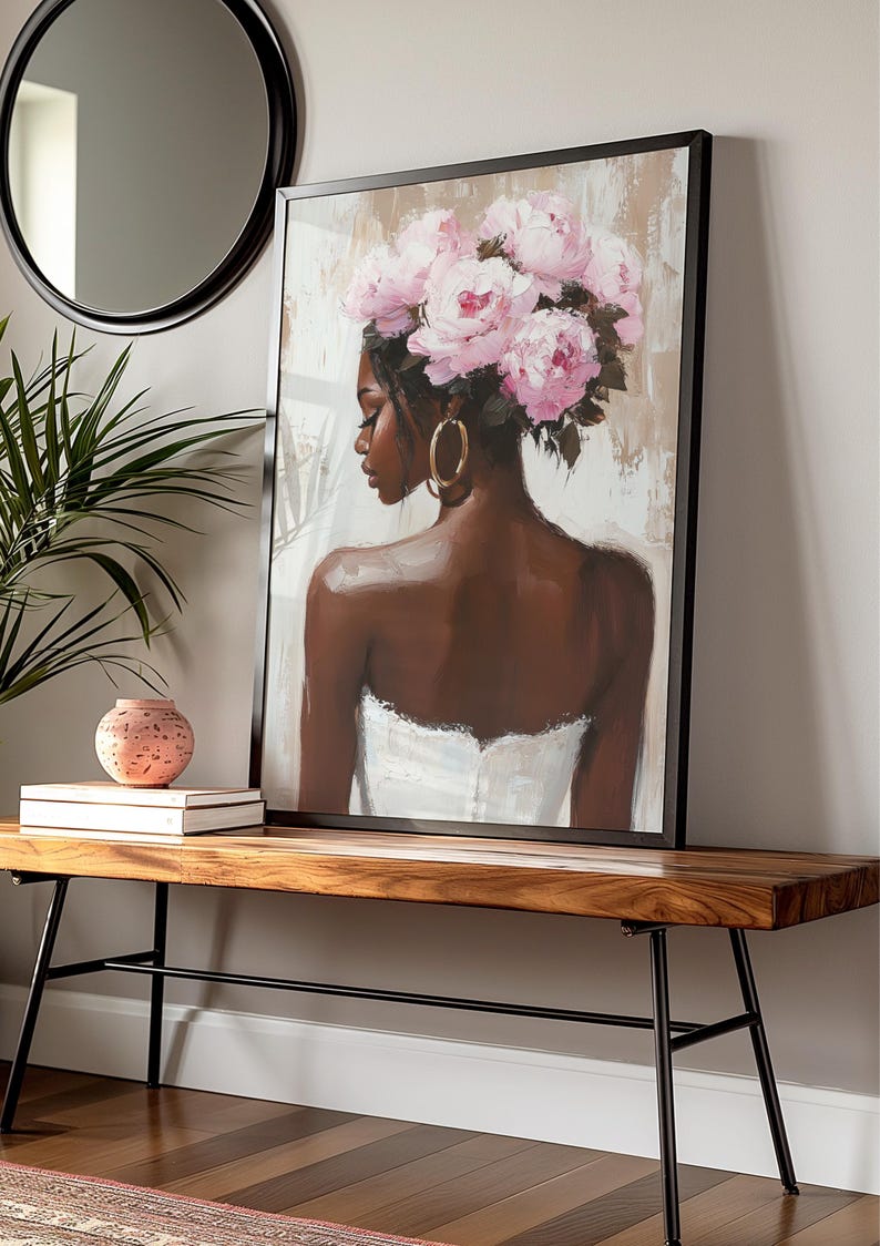 Black Woman Wall Art Print | Floral Portrait Poster | Pink Peony Crown Painting | Feminine Neutral Decor | Modern Afrocentric Home Art image 2