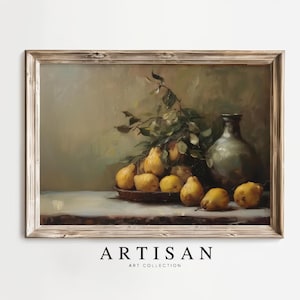 Kitchen Fruit Still Life Oil Painting, Vintage Pears Print, Fruit Bowl Painting, Large Wall Art, Original Painting, Moody Farmhouse Decor