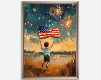 Arte mural vintage del 4 de julio, impresión de la bandera estadounidense, pintura de fuegos artificiales, impresión patriótica del Día de la Independencia, decoración del 4 de julio, arte digital 347