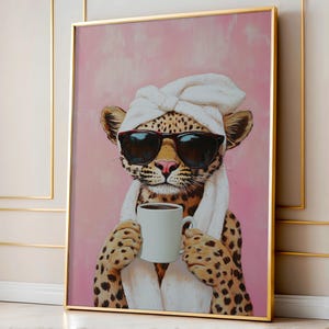 ヒョウ柄ウォールアート、ヒョウ柄、コーヒーアート、油絵、猫アート、面白いバスルームアート、マキシマリストウォールアート、バスルーム装飾、デジタルアート 173