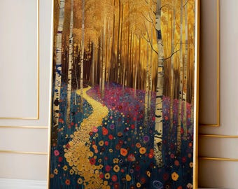 Gustav Klimt landskapsväggkonst, abstrakt poster, Gustav Klimt målning, färgglatt tryck, trendig väggkonst, skogsväggkonst, vardagsrumsinredning