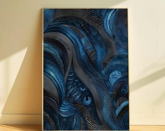 Abstract Aboriginal Dot Art, Navy Blue Wall Art Contemporary Abstract Painting, Large Canvas Wall Art, Boho Modern Decor, Printable Art 256