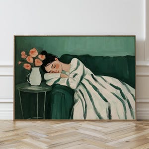 Abstrakte Wandkunst, Abstrakte Malerei Wand, Salbeigrüne Frau Schlafend, Wohnzimmer Dekor, druckbare Kunst, 287