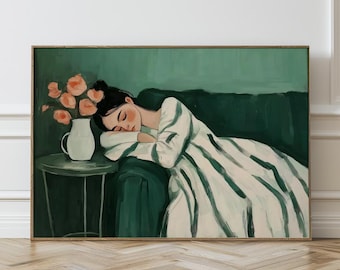 Green Woman Sleeping Print, Sage Green Wall Art, Vintage Abstract Painting, Living Room Decor Aesthetic, Trendy Wall Art, Printable Art, 287