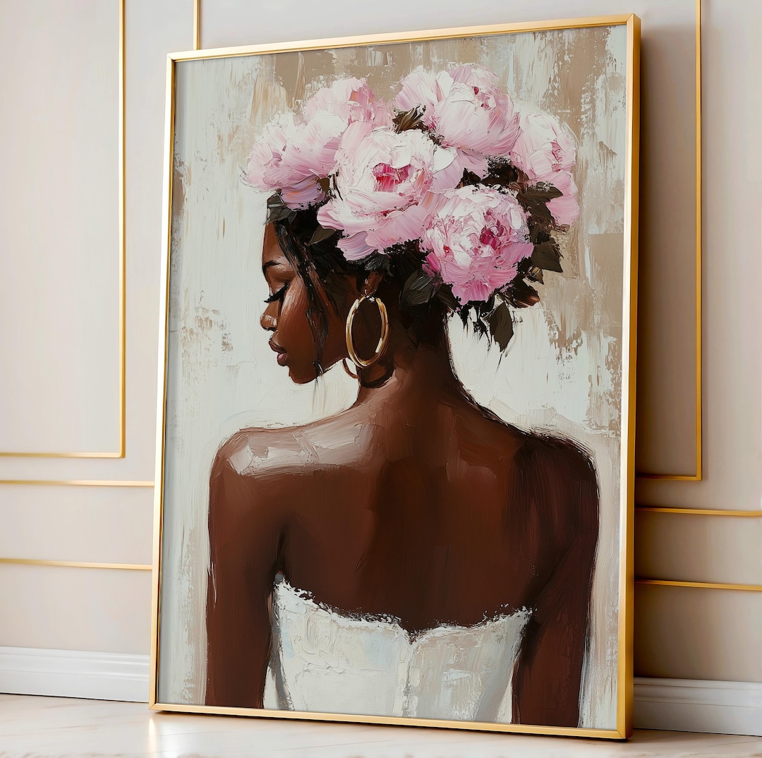 Black Woman Wall Art Print | Floral Portrait Poster | Pink Peony Crown ...