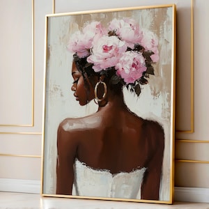 Black Woman Wall Art Print | Floral Portrait Poster | Pink Peony Crown Painting | Feminine Neutral Decor | Modern Afrocentric Home Art image 1