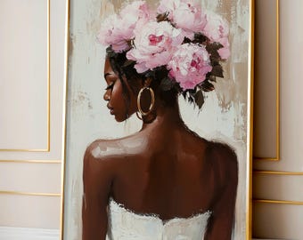 Black Woman Wall Art Print | Floral Portrait Poster | Pink Peony Crown Painting | Feminine Neutral Decor | Modern Afrocentric Home Art