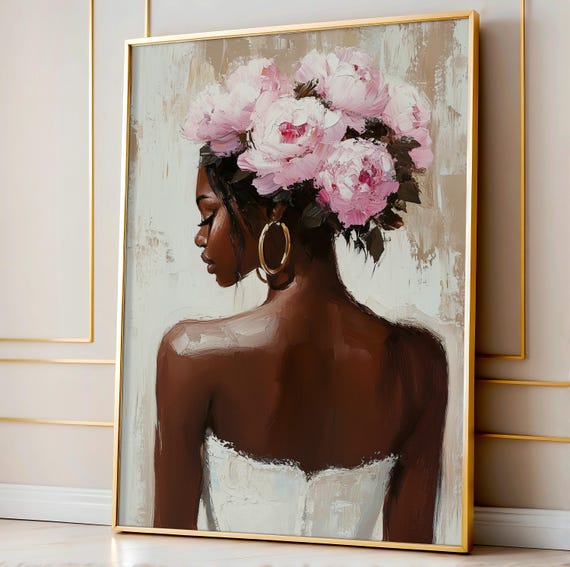 Black Woman Wall Art Print | Floral Portrait Poster | Pink Peony Crown Painting | Feminine Neutral Decor | Modern Afrocentric Home Art