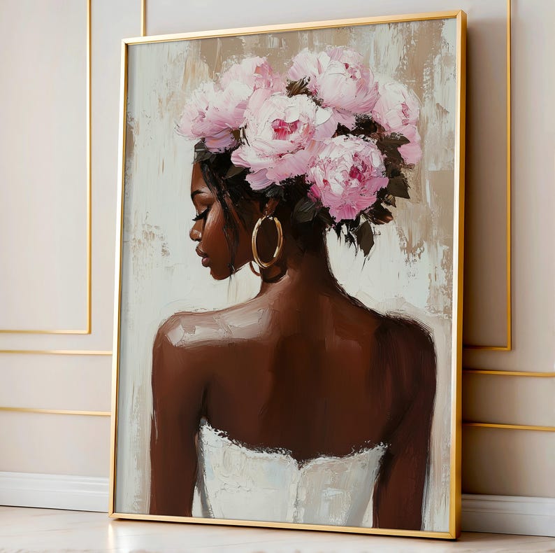 Black Woman Wall Art Print | Floral Portrait Poster | Pink Peony Crown Painting | Feminine Neutral Decor | Modern Afrocentric Home Art image 1