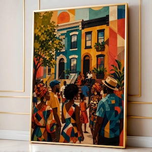 May include: A framed art print depicting a vibrant street scene with colorful buildings and people. The artwork features a diverse group of individuals in patterned clothing, with a focus on the community and architectural details.