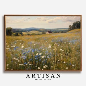 Rustic Wildflower Field Landscape Oil Painting, Spring Landscape Print, Nature Wall Art, Landscape Art, Farmhouse French Country Decor, 316
