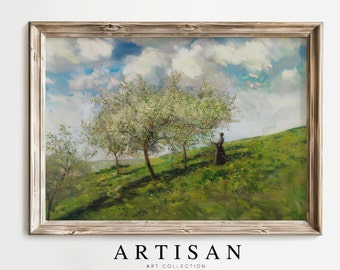 A woman is picking Apples Painting, Vintage Apple Tree Print , Spring Landscape, Rustic Farmhouse Kitchen Decor, Oil Canvas, AAC46