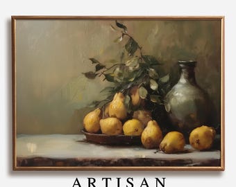 May include: A still life painting of a bowl of yellow pears and a green ceramic vase with a leafy branch. The painting is set against a muted green background.