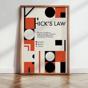 Könnte beinhalten: Ein gerahmtes Poster mit minimalistischem Design. Es zeigt den Text "HICK'S LAW" in fetten schwarzen Buchstaben sowie geometrische Formen in Schwarz, Weiß und Orange. Es enthält das Zitat: "Die Zeit, die man benötigt, um eine Entscheidung zu treffen, steigt mit der Anzahl und Komplexität der Optionen."