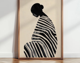 Minimalistische schwarze Frau Kunst, weibliche Kunst, schwarze Wandkunst, Japandi Wandkunst, afrikanische Kunst, schwarze Kunstdrucke, abstrakte Malerei, druckbare Kunst