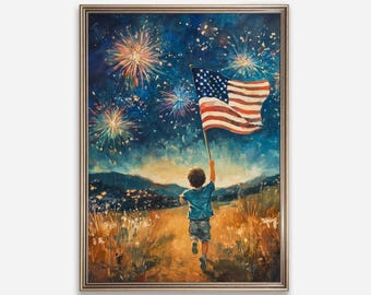 Vintage 4th of July Wall Art, American Flag Print, Fireworks Painting, Patriotic Independence Day Print, 4th of July Decor, Digital Art 348