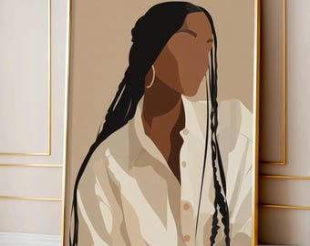 Minimalistische schwarze Frau, Wandbild, Neutrales Boho Portrait Poster, Afrozentrisches modernes Wohndekor, druckbare Illustration, 33