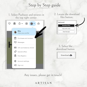 May include: A step-by-step guide on how to download files from Etsy. The image shows a screenshot of the Etsy website with instructions on how to locate and select the download files button.