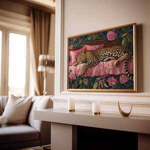 Sleeping Leopard Wall Art, Leopard Poster, Maximalist Wall Art, Colorful Leopard Print, Vintage Oil Painting, Aesthetic Wall Art, Dorm Decor image 5