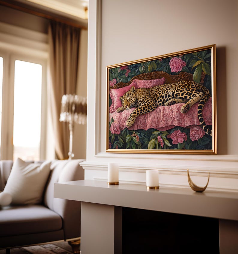 Sleeping Leopard Wall Art, Leopard Poster, Maximalist Wall Art, Colorful Leopard Print, Vintage Oil Painting, Aesthetic Wall Art, Dorm Decor image 5