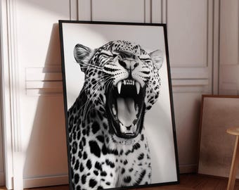 Black and White Leopard Poster, Roaring Leopard Wall Art, Wildlife Photography Print, Minimalist Animal Decor, Big Cat Statement Art