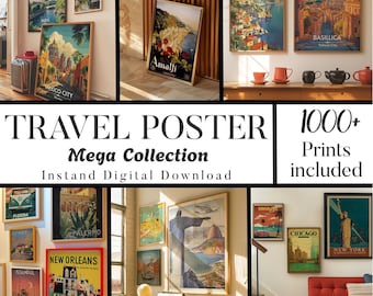 1000 Travel Poster Collection, Retro Travel Posters, Vintage Travel Illustration, Cities Print, Country Print, Gallery Wall, Travel Art, 75