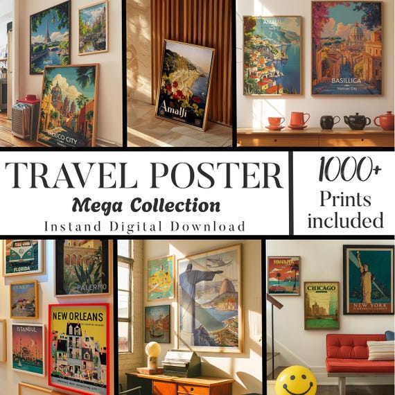 1000 Travel Poster Collection, Retro Travel Posters, Vintage Travel Illustration, Cities Print, Country Print, Gallery Wall, Travel Art, 75