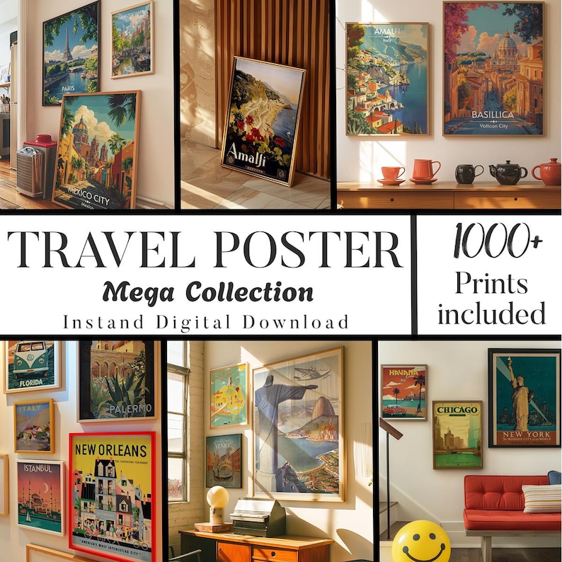 May include: A collection of travel posters featuring various cities and landmarks, including Mexico City, Amalfi, Basilica, New Orleans, and Istanbul. The posters are framed and displayed on a wall with a wooden background. The text "TRAVEL POSTER 1000+ Prints included" is displayed in the center of the image.