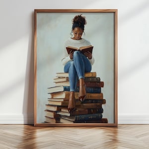Black Woman Art, Reading Book Print, African Wall Art, Black Art, Black Wall Art, Modern Oil Painting, Bookish Decor, Book Lover Gift 313