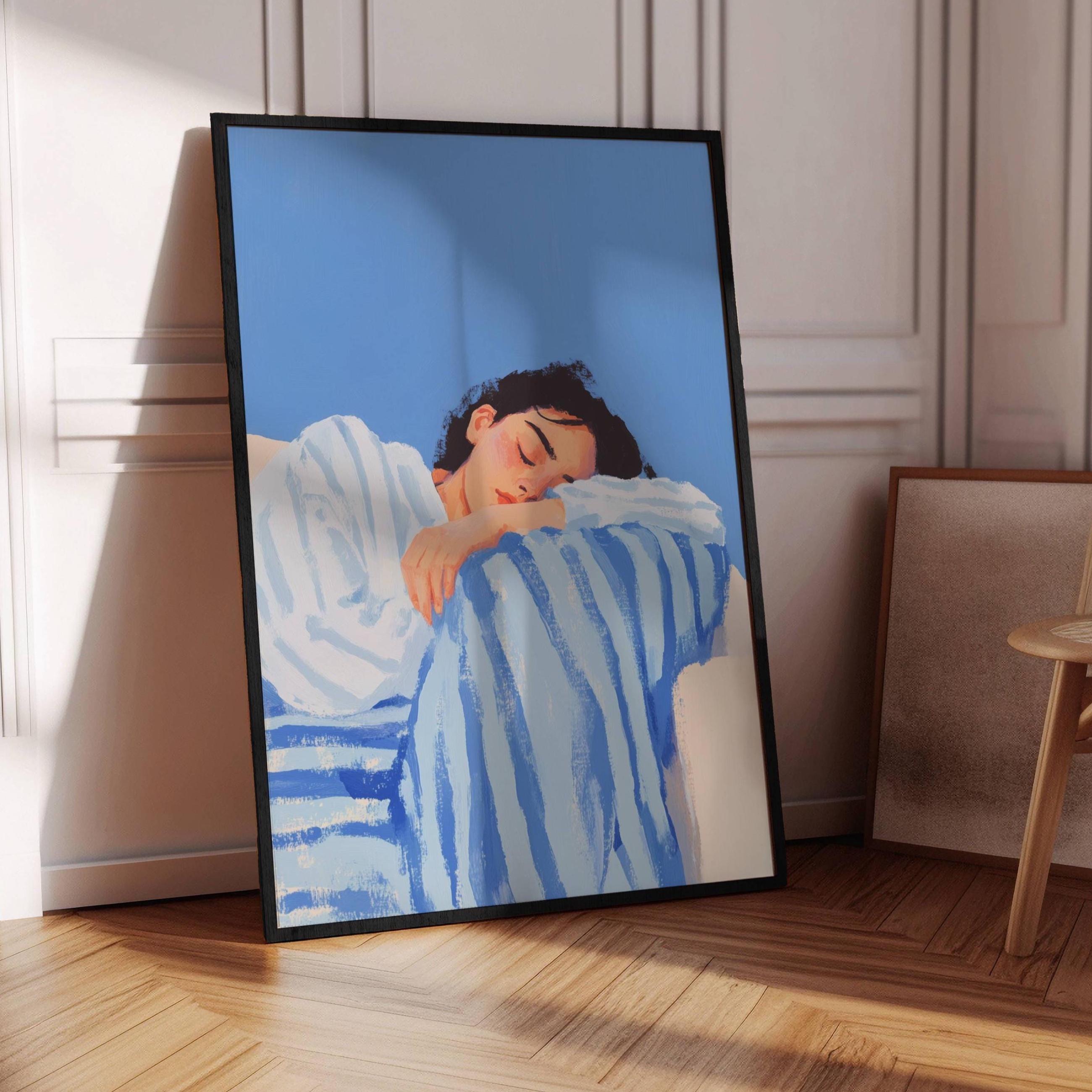 Blue Abstract Woman Art Print: Japandi Style, Woman Sleeping Print ...