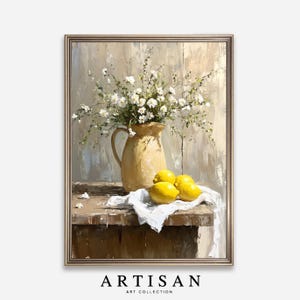Rustic Kitchen Oil Painting, Lemon Wall Art, Floral Vase Print, Botanical Print, Wildflower Art, Farmhouse Wall Art, Printable Wall Art, 296