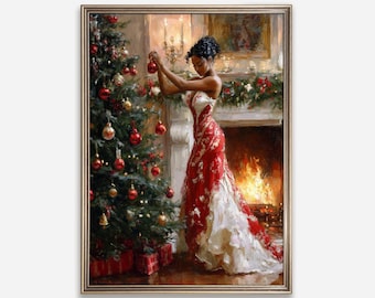 Vintage Black Woman Art, Christmas Print, Black Woman Oil Painting, African American Print, Black Art, Christmas Decor, Printable Art, C193