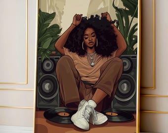 Arte de mujer negra, mujer escuchando música, vinilo, póster musical, arte africano, ilustración, arte mural negro, decoración de estudio de música