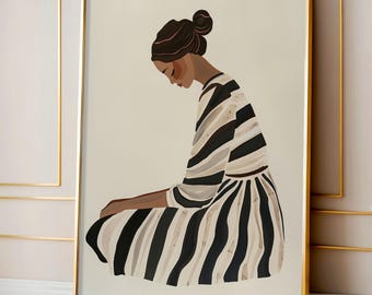 Minimalistische Frau Wand Kunst Druck, schwarze Wand Kunst, Afroamerikanische Kunst, Gestreifte Kleid Illustration, modernes feminines Dekor, digitale Kunst, 107