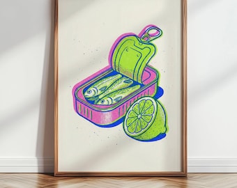 Risograph Sardine Print, Neon Retro Kitchen Art, Funky Food Poster, Grainy Riso Style Wall Art, Eclectic Dopamine Decor 187