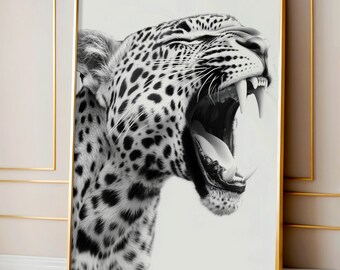 Roaring Leopard Poster, Black and White Animal Print, Wildlife Wall Art, Minimalist Safari Decor, Modern Big Cat Photography