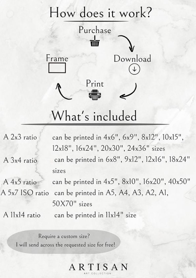 May include: A diagram explaining how to purchase, download, and print digital art prints. The diagram includes a shopping cart, a download arrow, and a printer icon. The text "What's included" is listed with different aspect ratios and the corresponding sizes available for printing.