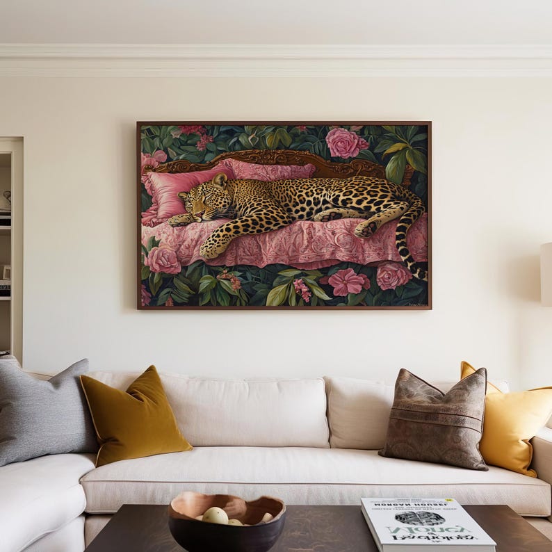 Sleeping Leopard Wall Art, Leopard Poster, Maximalist Wall Art, Colorful Leopard Print, Vintage Oil Painting, Aesthetic Wall Art, Dorm Decor image 7