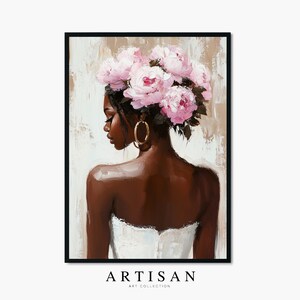 Black Woman Wall Art Print | Floral Portrait Poster | Pink Peony Crown Painting | Feminine Neutral Decor | Modern Afrocentric Home Art image 9