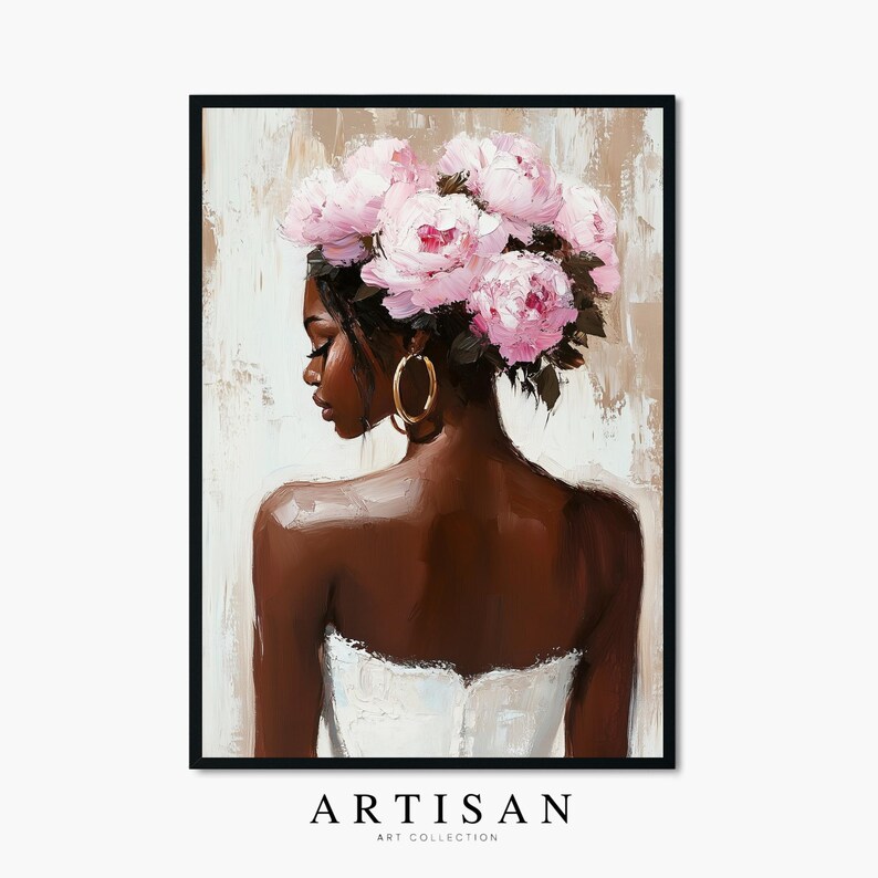 Black Woman Wall Art Print | Floral Portrait Poster | Pink Peony Crown Painting | Feminine Neutral Decor | Modern Afrocentric Home Art image 9