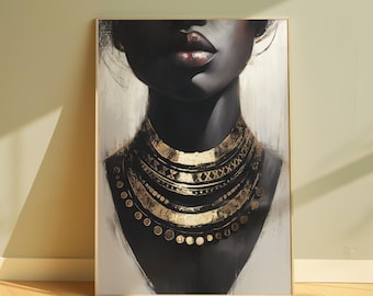 May include: A painting of a person's face with a gold necklace. The person has dark skin and is wearing a gold necklace with multiple layers of beads and chains.