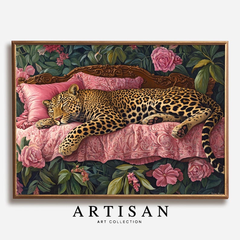 May include: A painting depicting a leopard sleeping on a pink and white patterned bed with a pink pillow. The bed is surrounded by lush green foliage and pink roses.