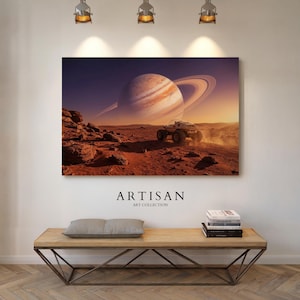 Retro Futurism Canvas Wall Art, Mars Rover Space Landscape, Saturn Ringed Planet Sky, Sci Fi Space Age Decor, Large Statement Print