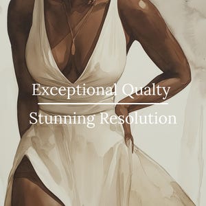 May include: A woman wearing a white sleeveless dress with a deep V-neckline. The dress has a flowing skirt and the woman is standing with her hand on her hip. The image has the text "Exceptional Quality" and "Stunning Resolution" printed on it.
