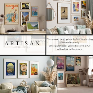 May include: A collection of vintage travel posters in various colors, featuring destinations like Acapulco, Tokyo, Sydney, and Scotland. The posters are framed and displayed on a wall in a living room setting.