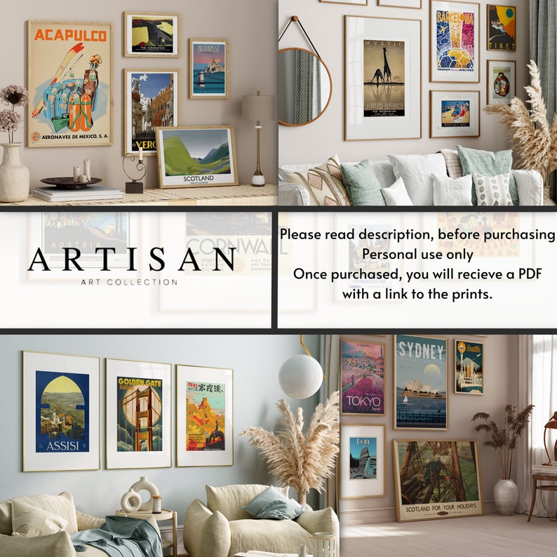 May include: A collection of vintage travel posters in various colors, featuring destinations like Acapulco, Tokyo, Sydney, and Scotland. The posters are framed and displayed on a wall in a living room setting.