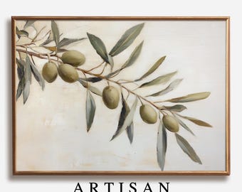 Lámina de rama de olivo para pared de cocina, póster botánico mediterráneo neutro, decoración rústica para comedor de granja, arte de pared horizontal