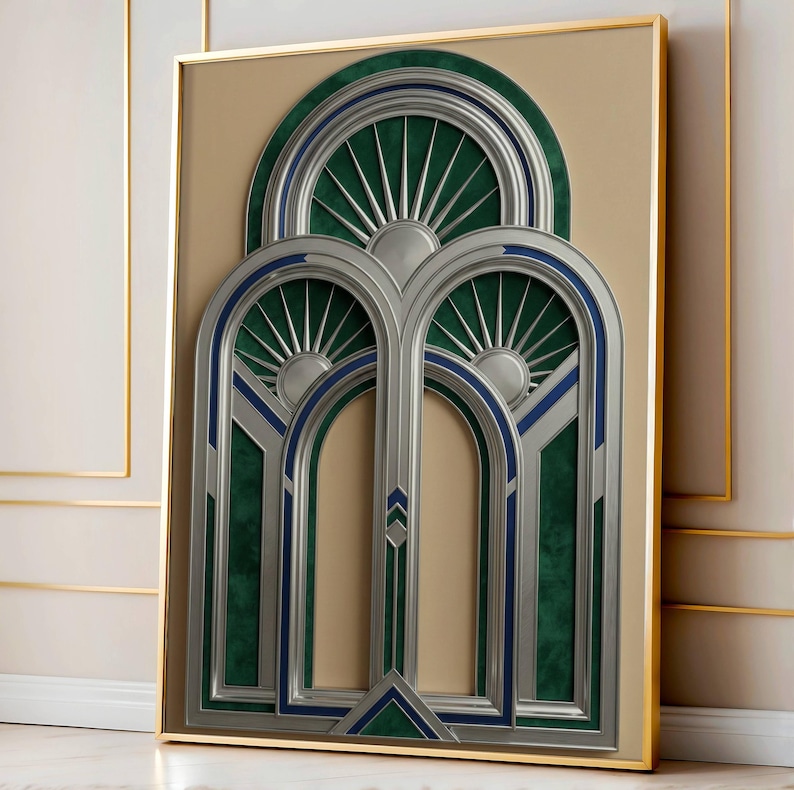 Neo Deco Chrome Wall Art, 2026 Art Deco Revival, Silver and Emerald ...
