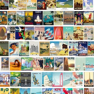 May include: A collage of vintage travel posters featuring destinations around the world. The posters are in various styles and colors, with images of landmarks, cities, and landscapes. Some of the posters include text, such as the name of the destination or the airline.