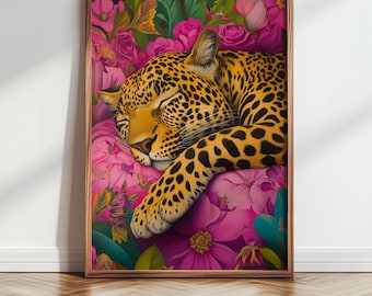 Sleeping Leopard Wall Art, Floral Leopard Poster, Maximalist Wall Art, Above Bed Aesthetic Wall Art, Maximalist Decor, Printable Art, 88